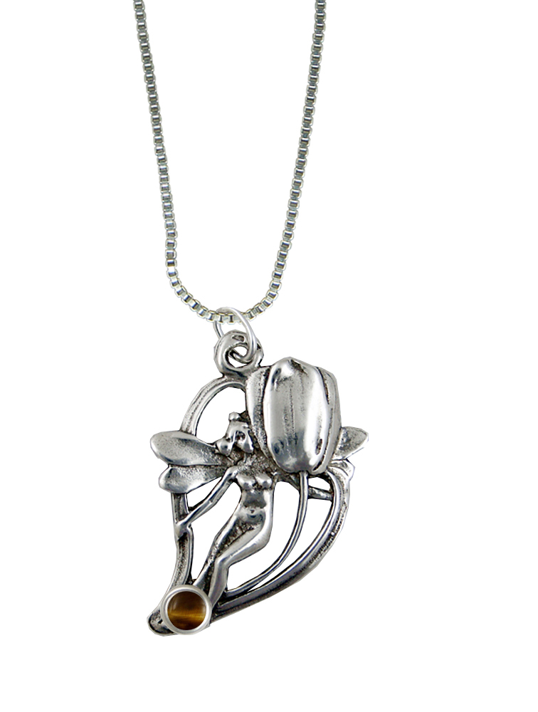 Sterling Silver Shy Flower Fairy Pendant With Tiger Eye